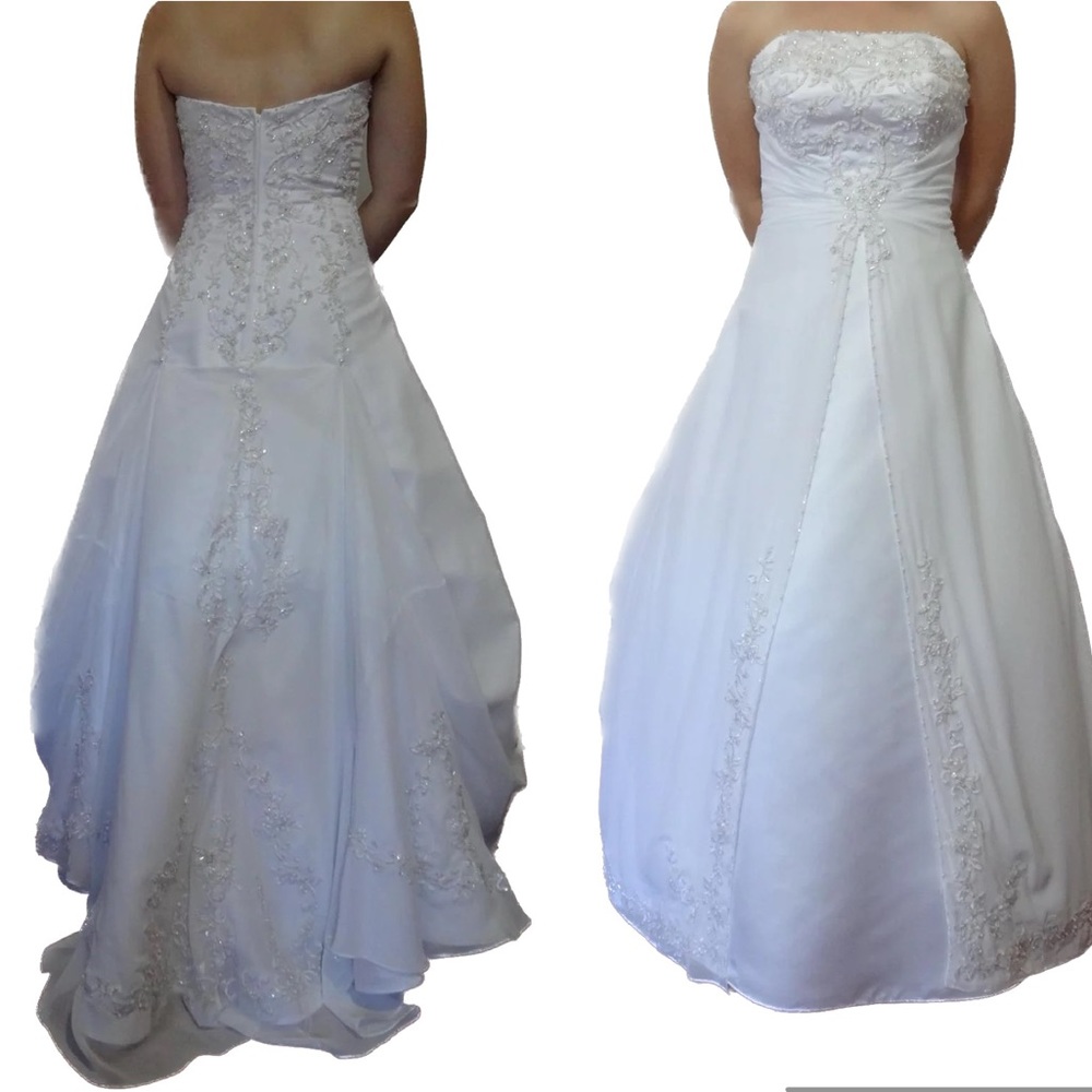 David's Bridal White Strapless Embellished Sequin Beaded Wedding Gown sz 14